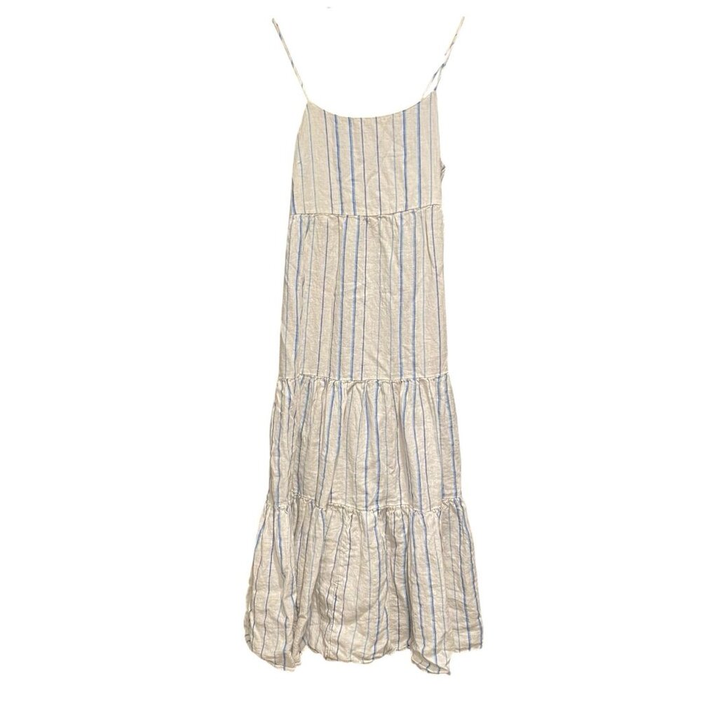 MADEWELL Off White Blue Striped Linen Midi Farmhouse Spaghetti Strap Dress sz 4
